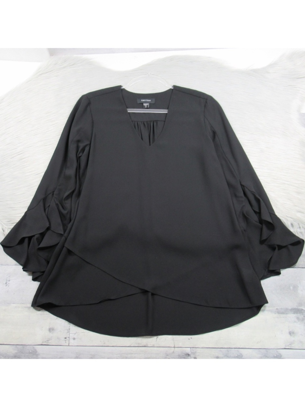 Karen Kane Black V-Neck Ruffle Tiered Bell Sleeve Blouse - Size Medium
